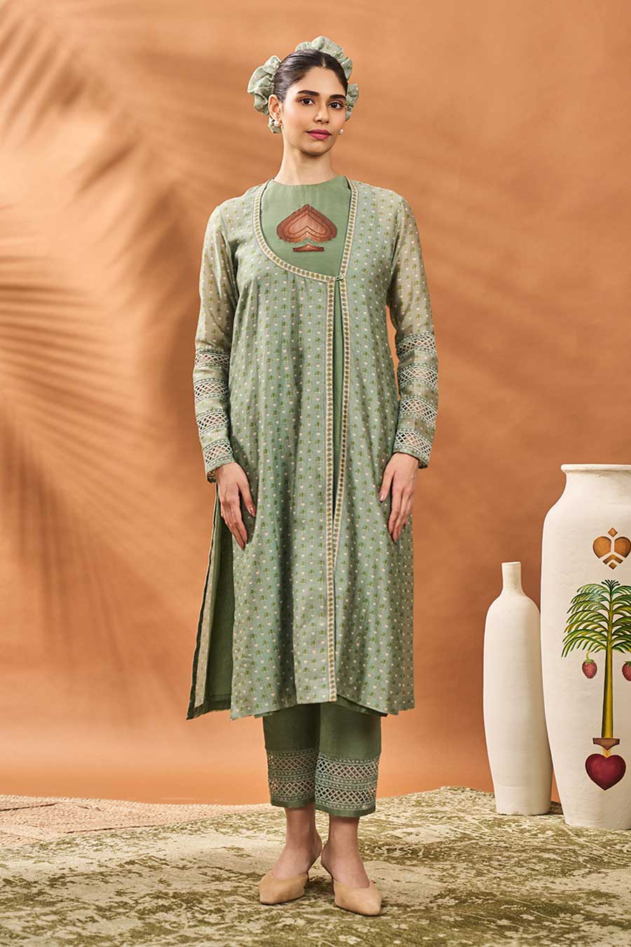 Sage Green Tree Of Hearts Angrakha Kurta Set