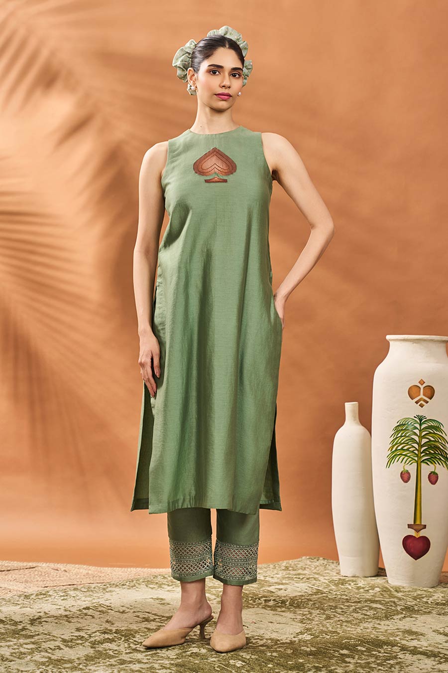 Sage Green Tree Of Hearts Angrakha Kurta Set