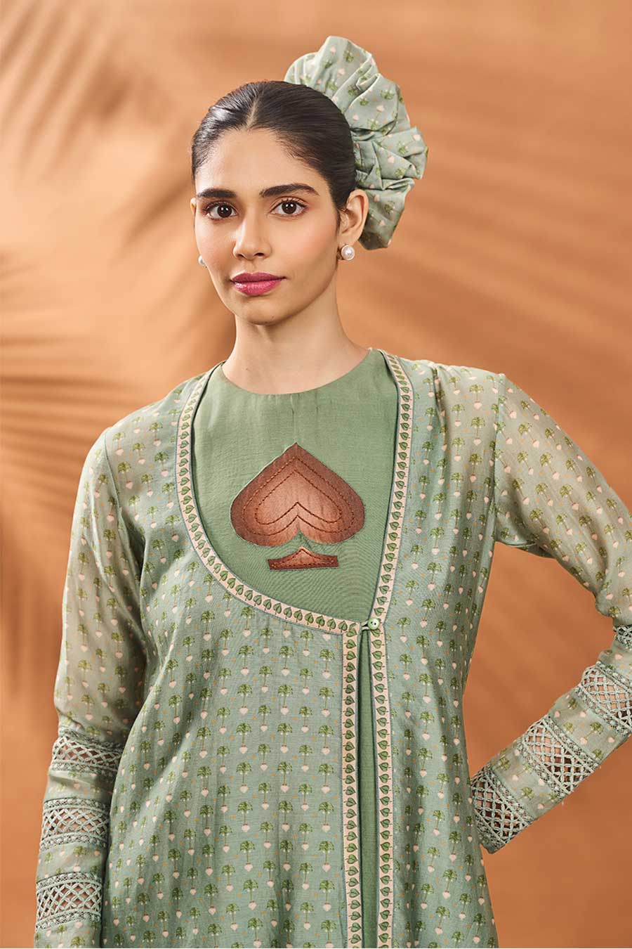Sage Green Tree Of Hearts Angrakha Kurta Set