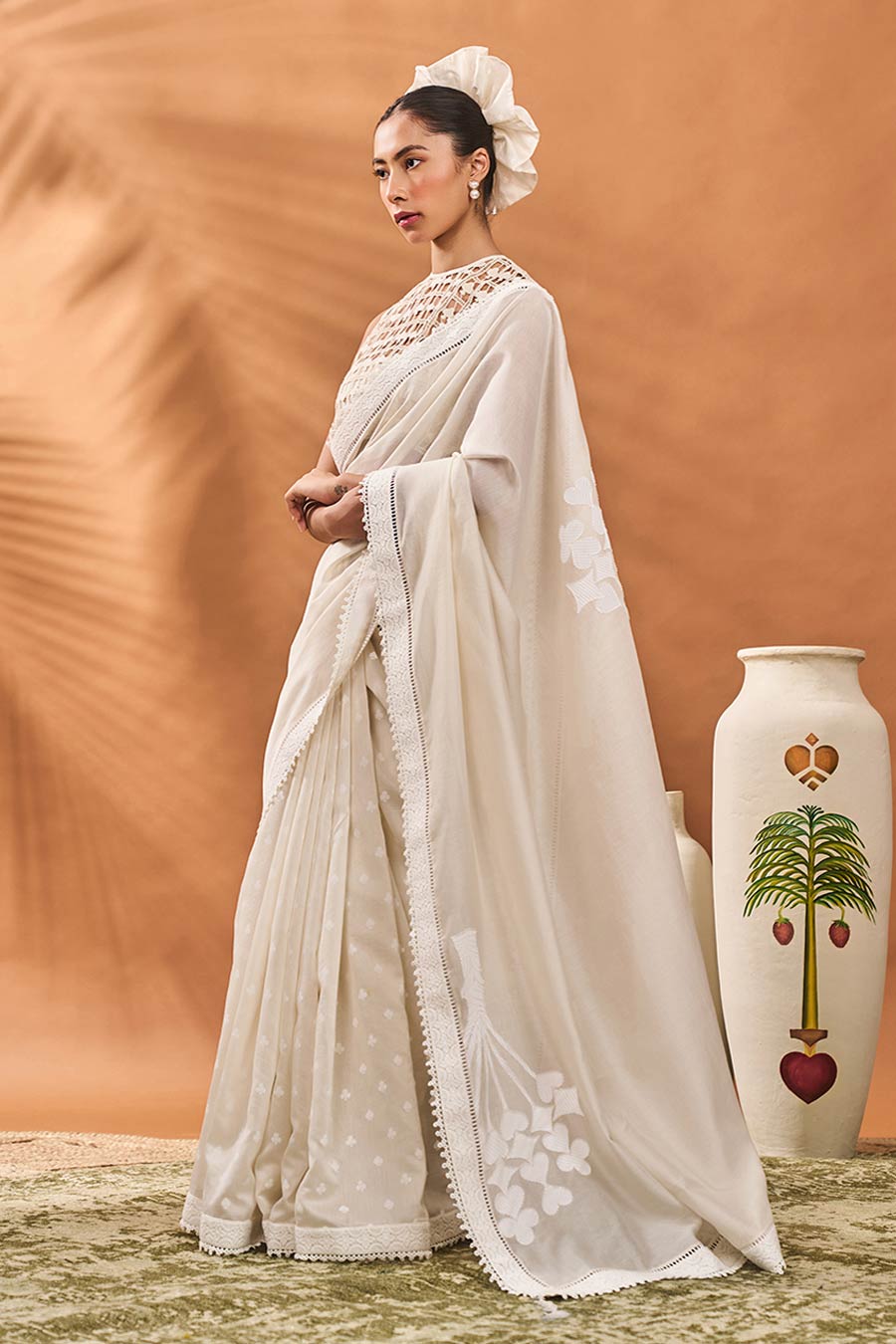 Ivory All Fours Saree With Bustier & Blouse Piece