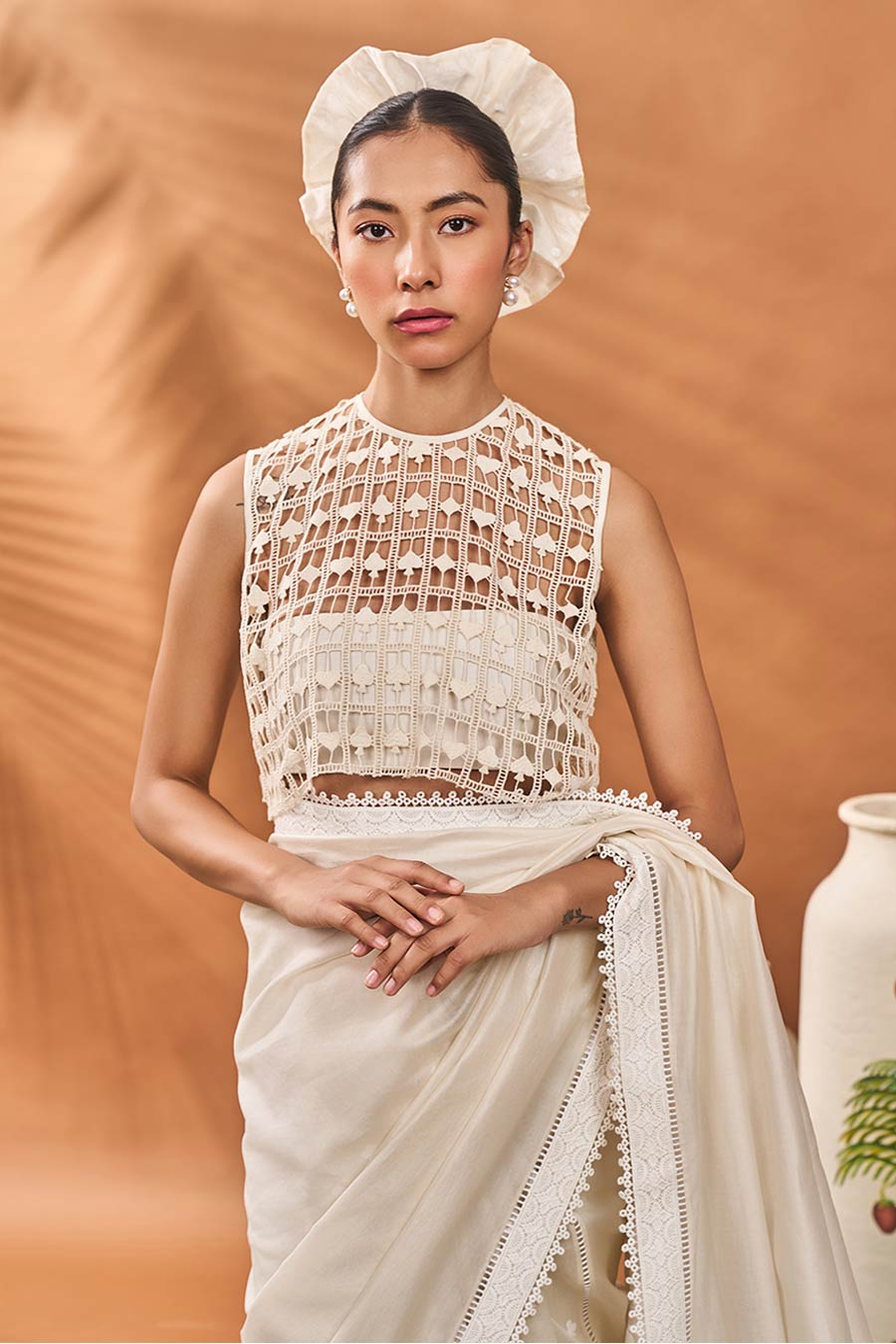 Ivory All Fours Saree With Bustier & Blouse Piece