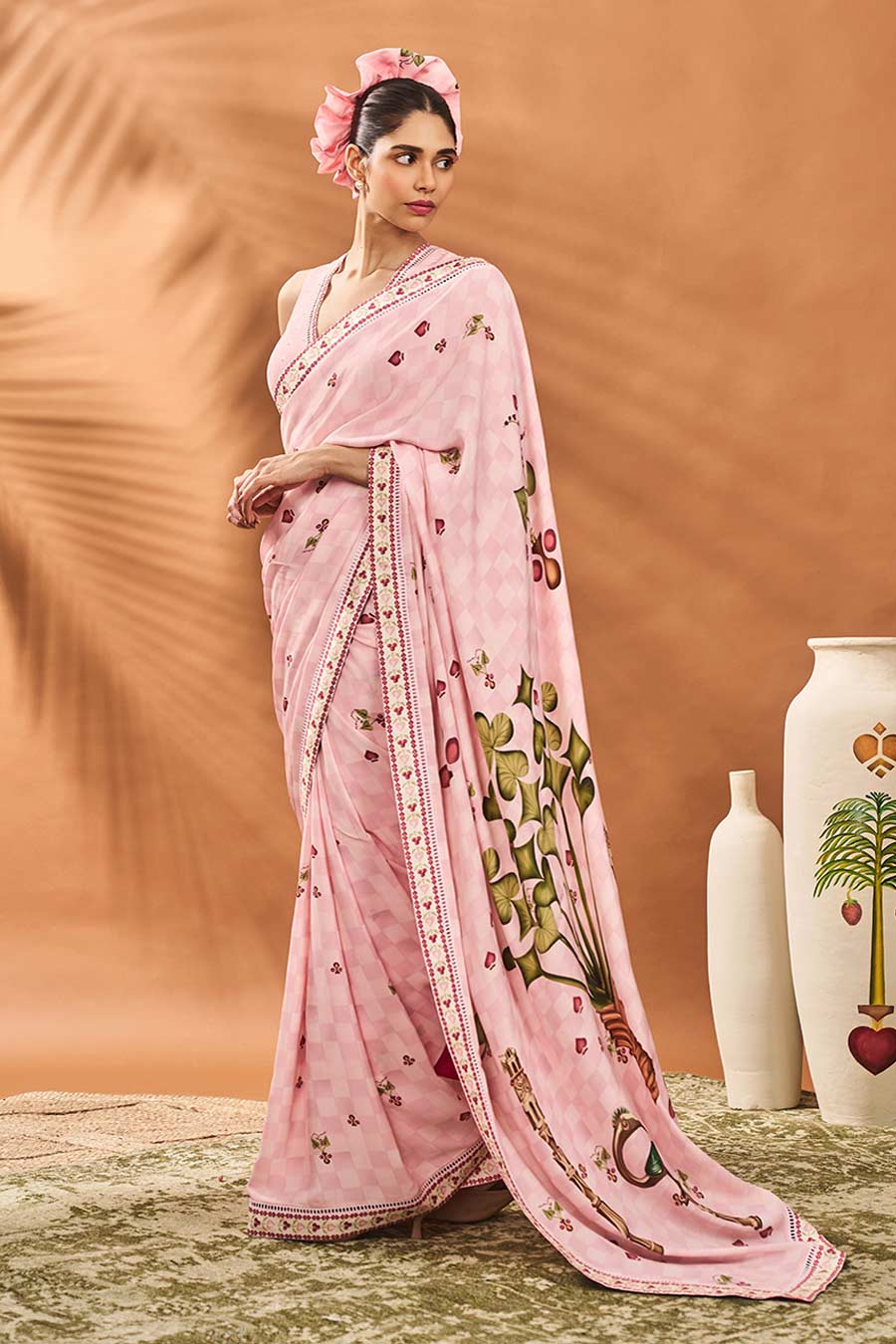 Pink Checkers Spade Bloom Saree With Blouse Piece