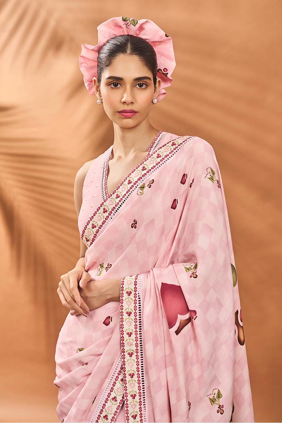 Pink Checkers Spade Bloom Saree With Blouse Piece