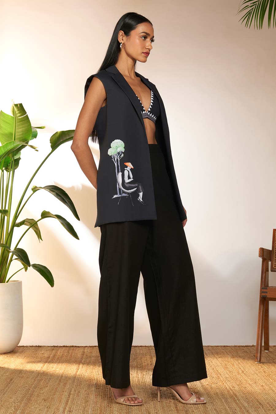 Charcoal Tropicool Printed Blazer & Bustier Set
