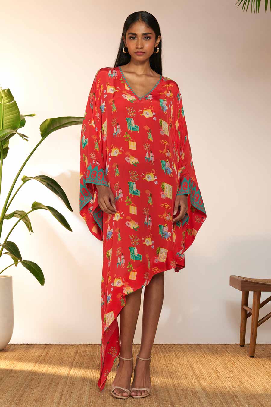 Red Printed Asymmetrical Kaftan Dress