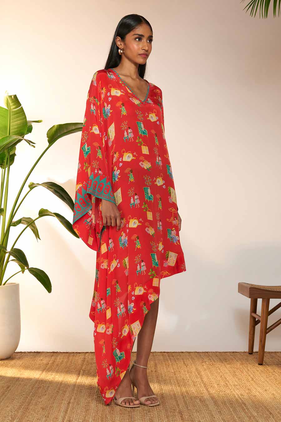 Red Printed Asymmetrical Kaftan Dress