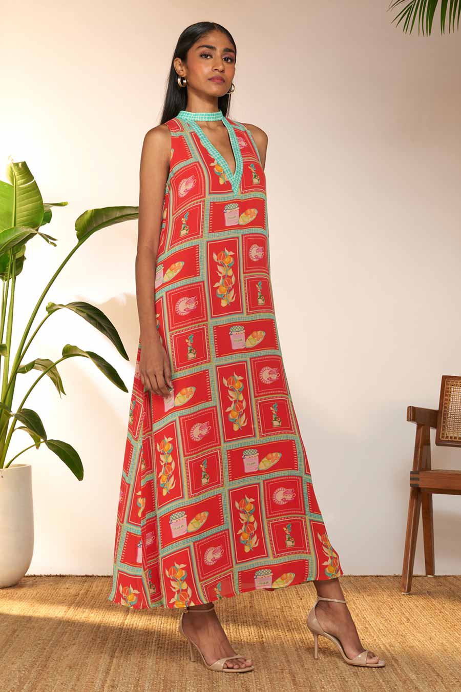 Red Checkmate Printed Maxi Dress