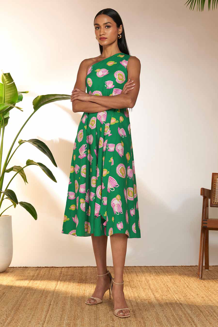 Green Printed One-Shoulder Midi Dress