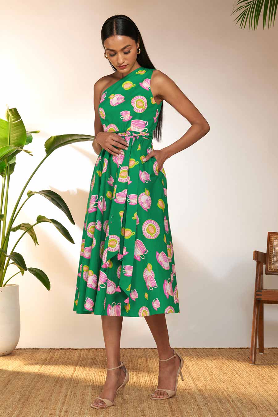 Green Printed One-Shoulder Midi Dress