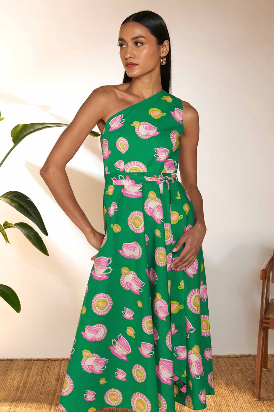 Green Printed One-Shoulder Midi Dress