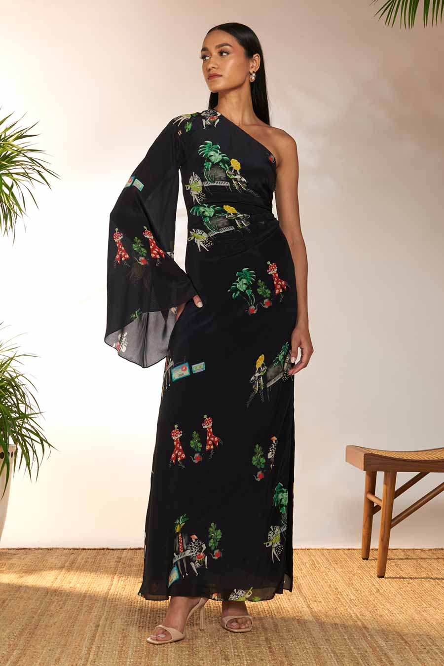 Black Tropicool Printed Slit Dress