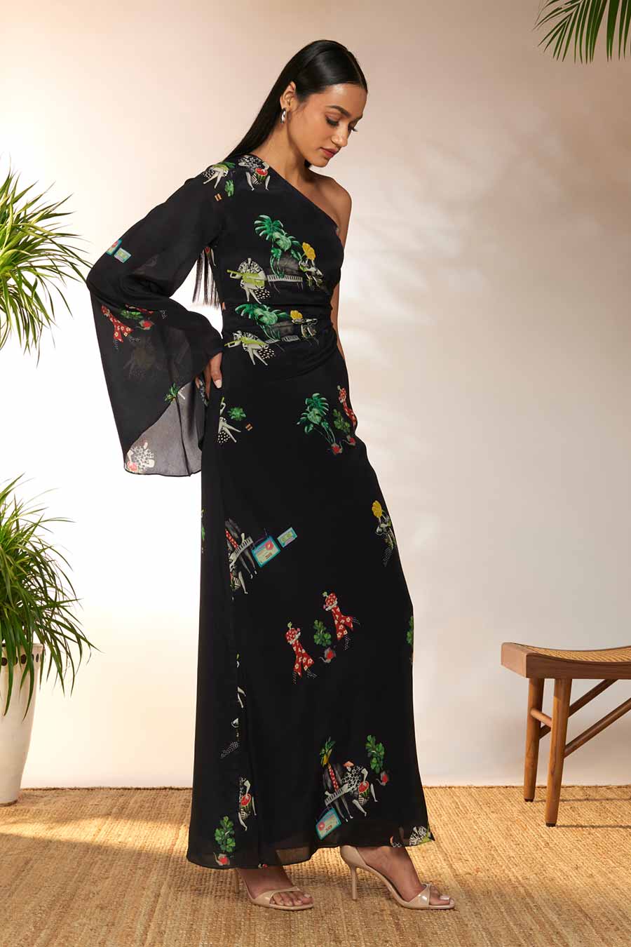 Black Tropicool Printed Slit Dress