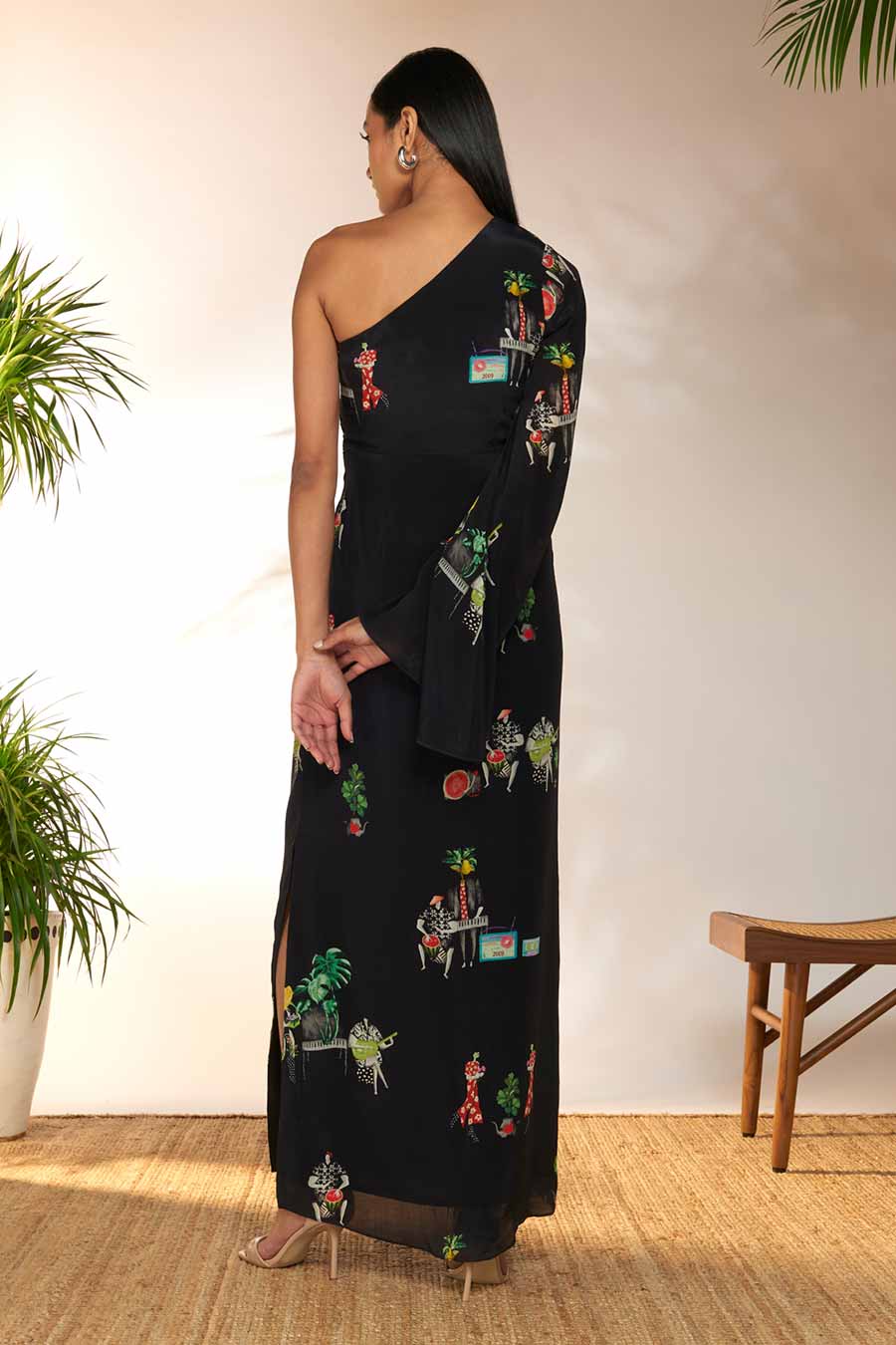 Black Tropicool Printed Slit Dress