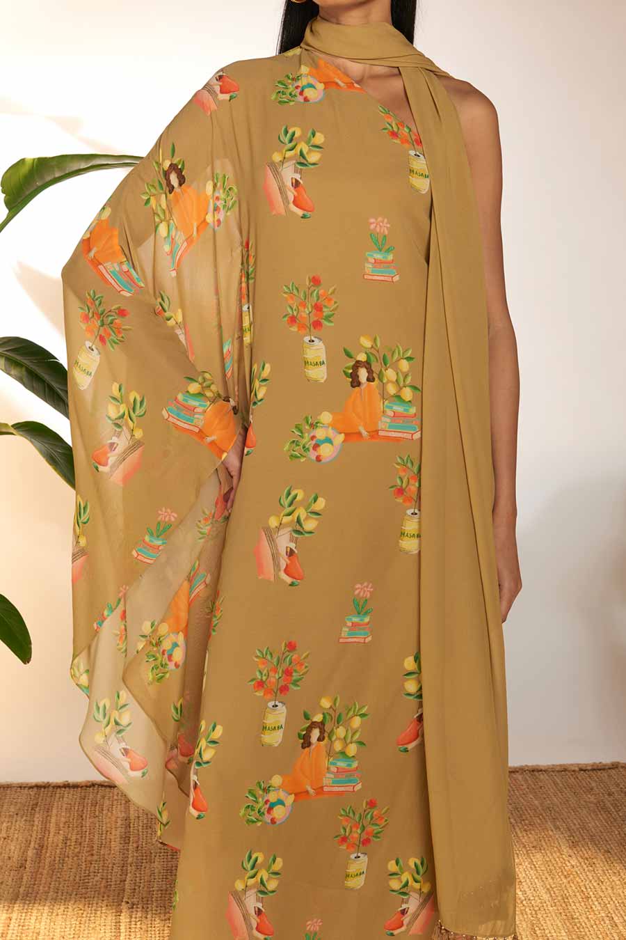 Tan Tangy Tango One-Shoulder Kaftan Dress
