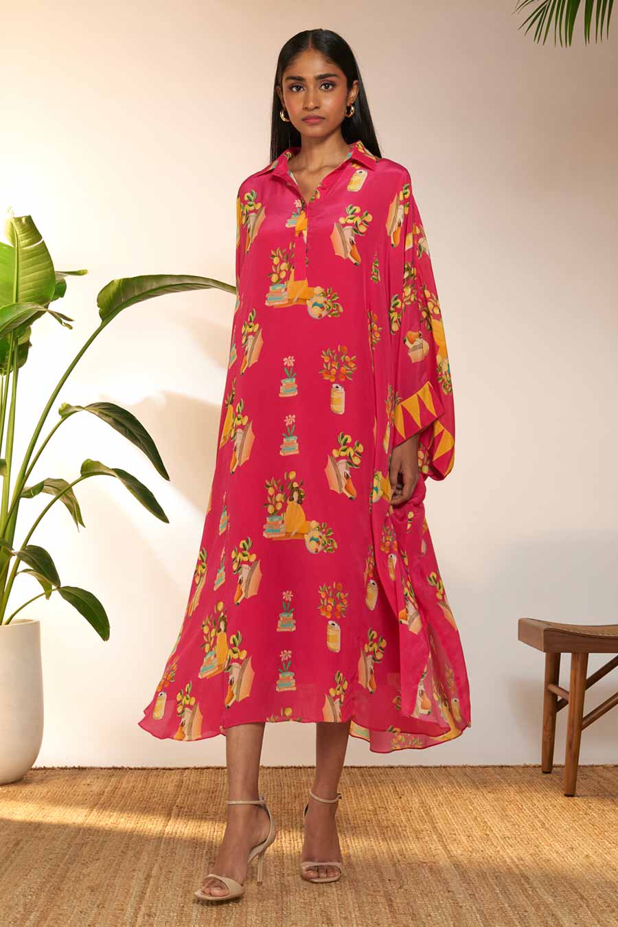 Hot Pink Tangy Tango Printed Collar Kaftan