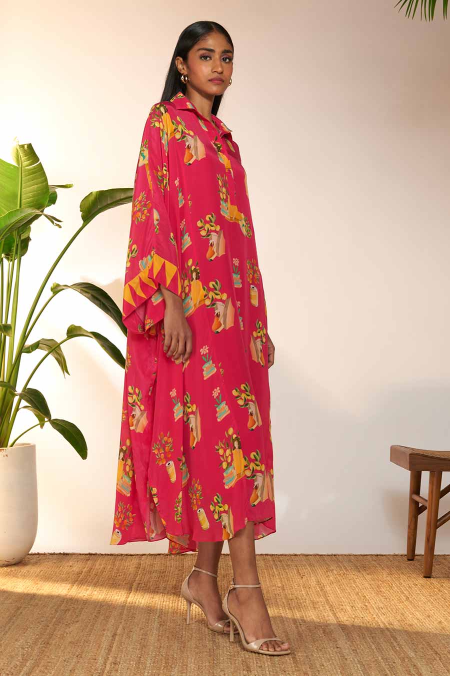 Hot Pink Tangy Tango Printed Collar Kaftan