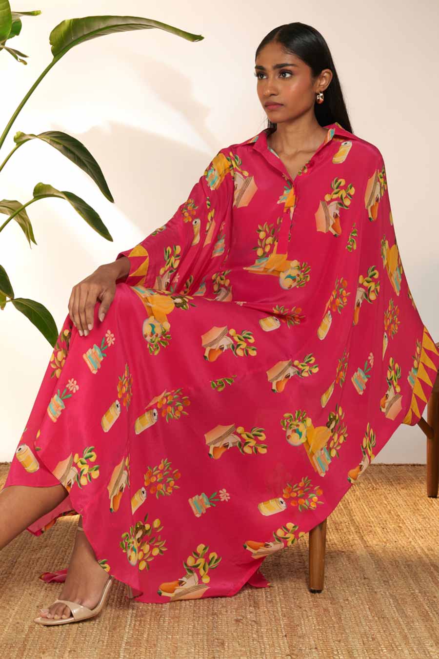Hot Pink Tangy Tango Printed Collar Kaftan