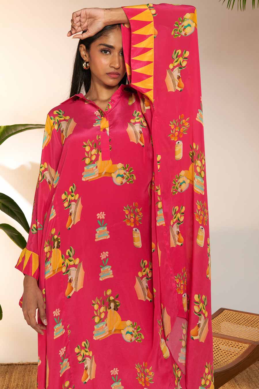 Hot Pink Tangy Tango Printed Collar Kaftan