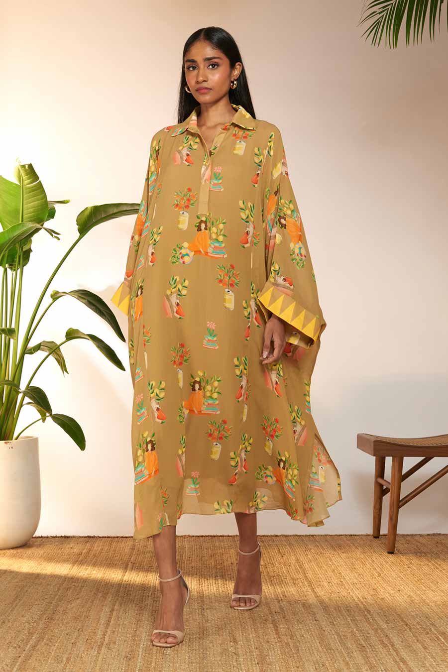 Tan Tangy Tango Printed Collar Kaftan