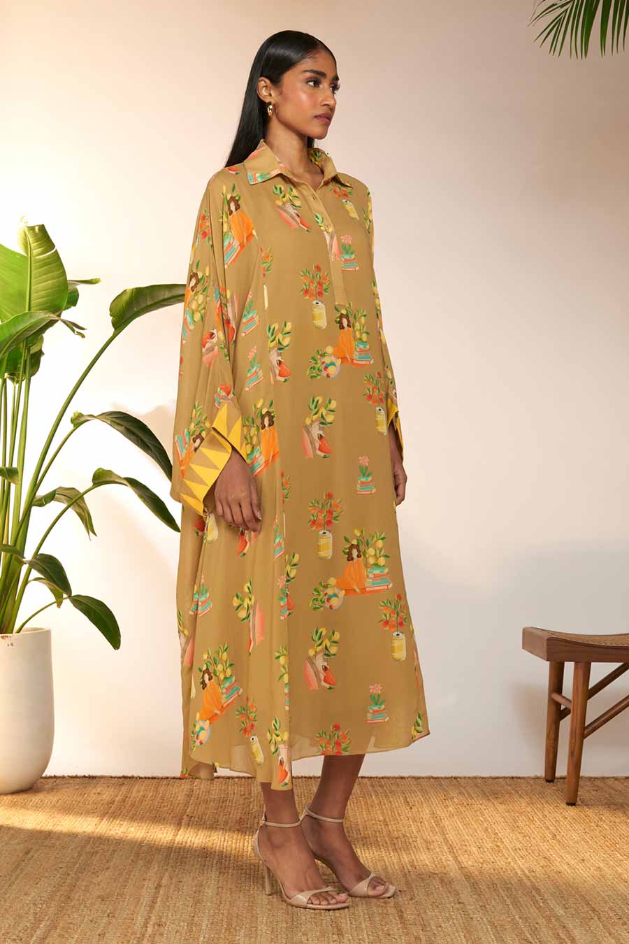 Tan Tangy Tango Printed Collar Kaftan