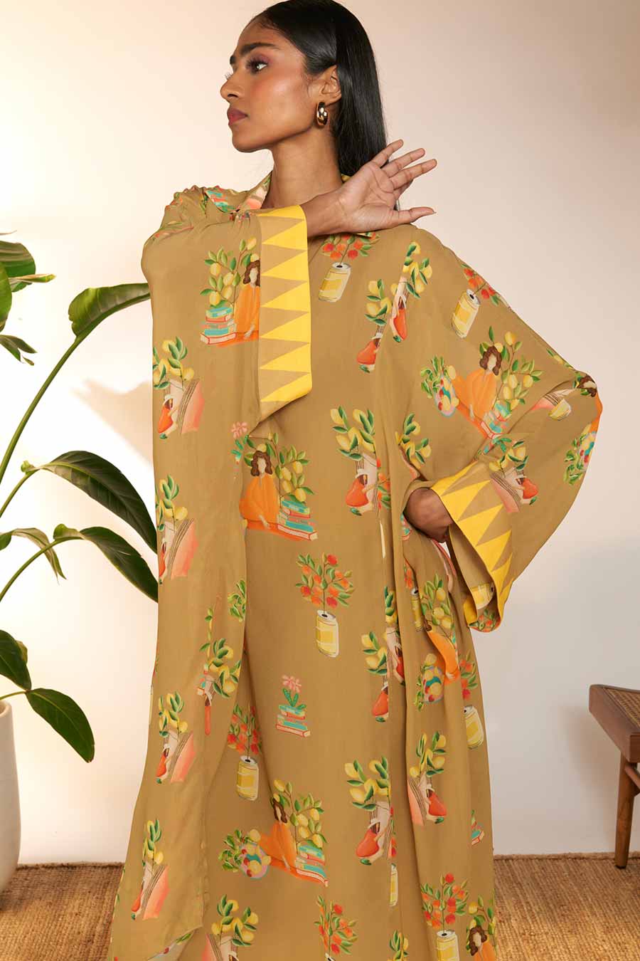 Tan Tangy Tango Printed Collar Kaftan