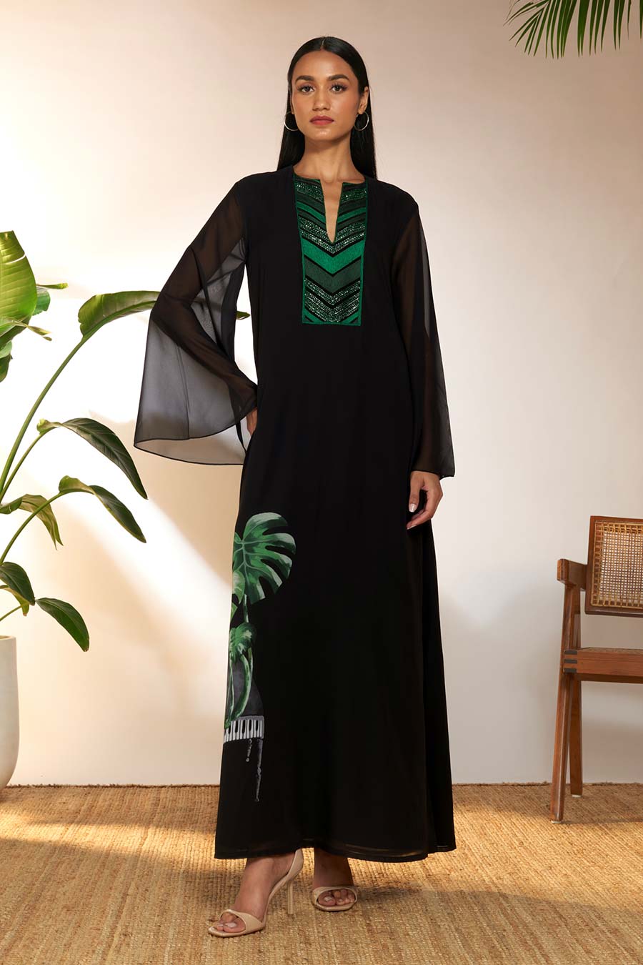 Black Tropicool Piano Embroidered Dress