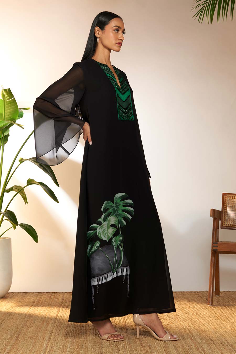 Black Tropicool Piano Embroidered Dress