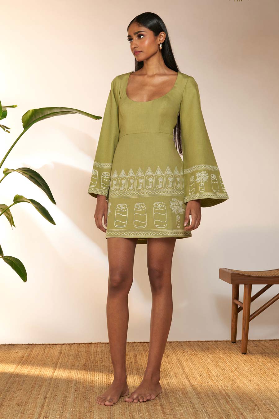 Green Embroidered Mini Dress