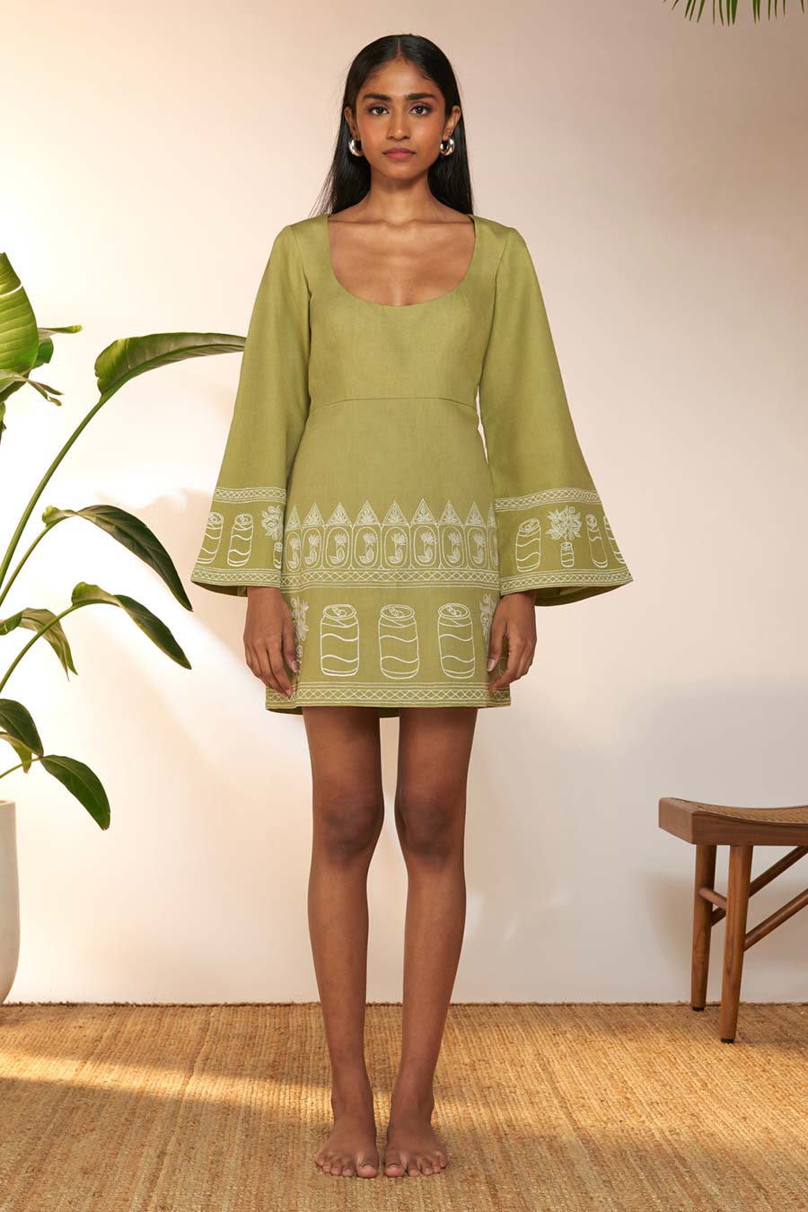 Green Embroidered Mini Dress