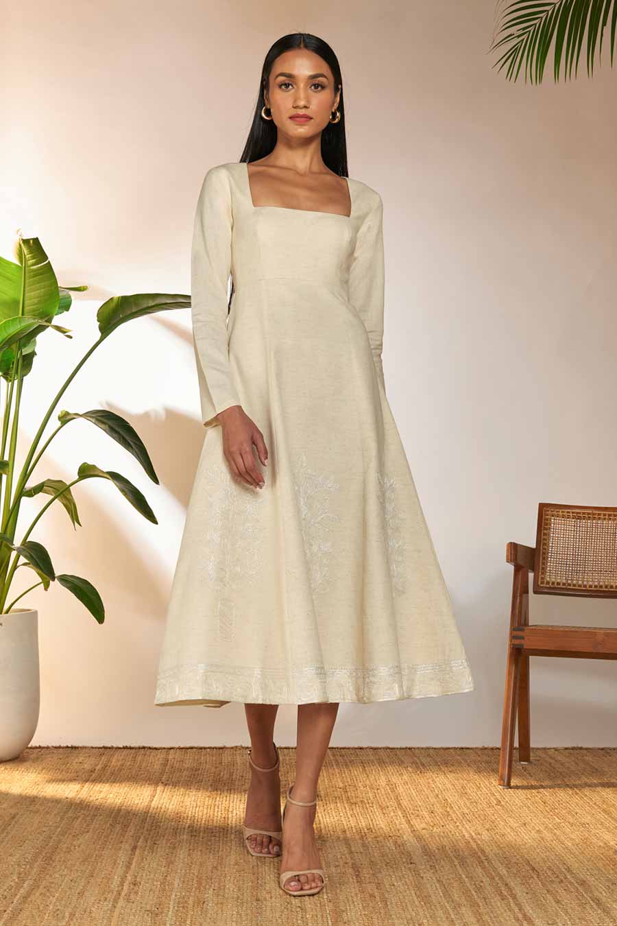 Ivory Embroidered Midi Dress