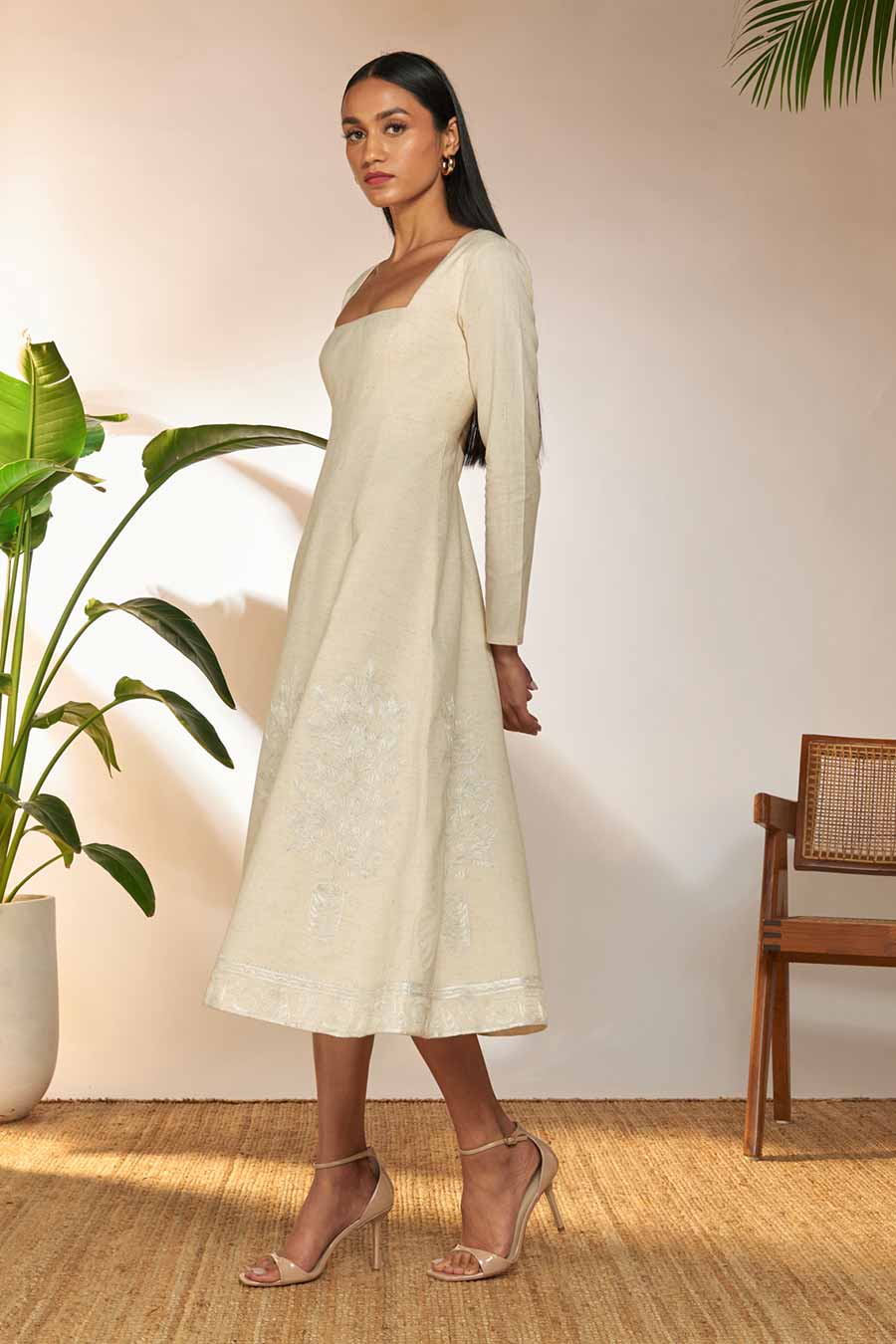 Ivory Embroidered Midi Dress