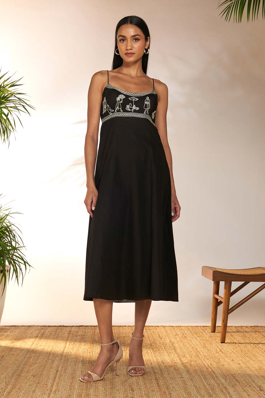 Black Embroidered Strappy Midi Dress