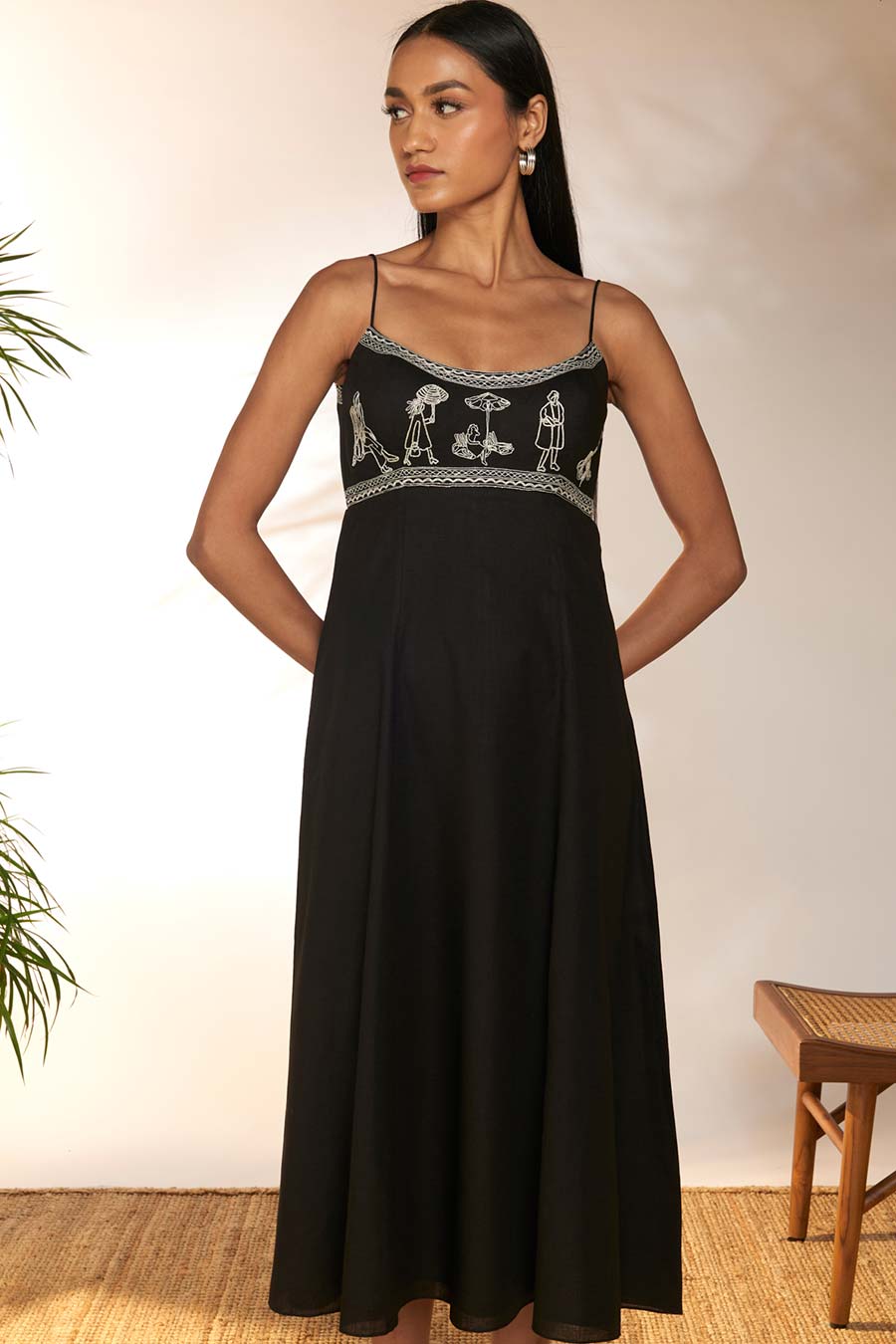 Black Embroidered Strappy Midi Dress
