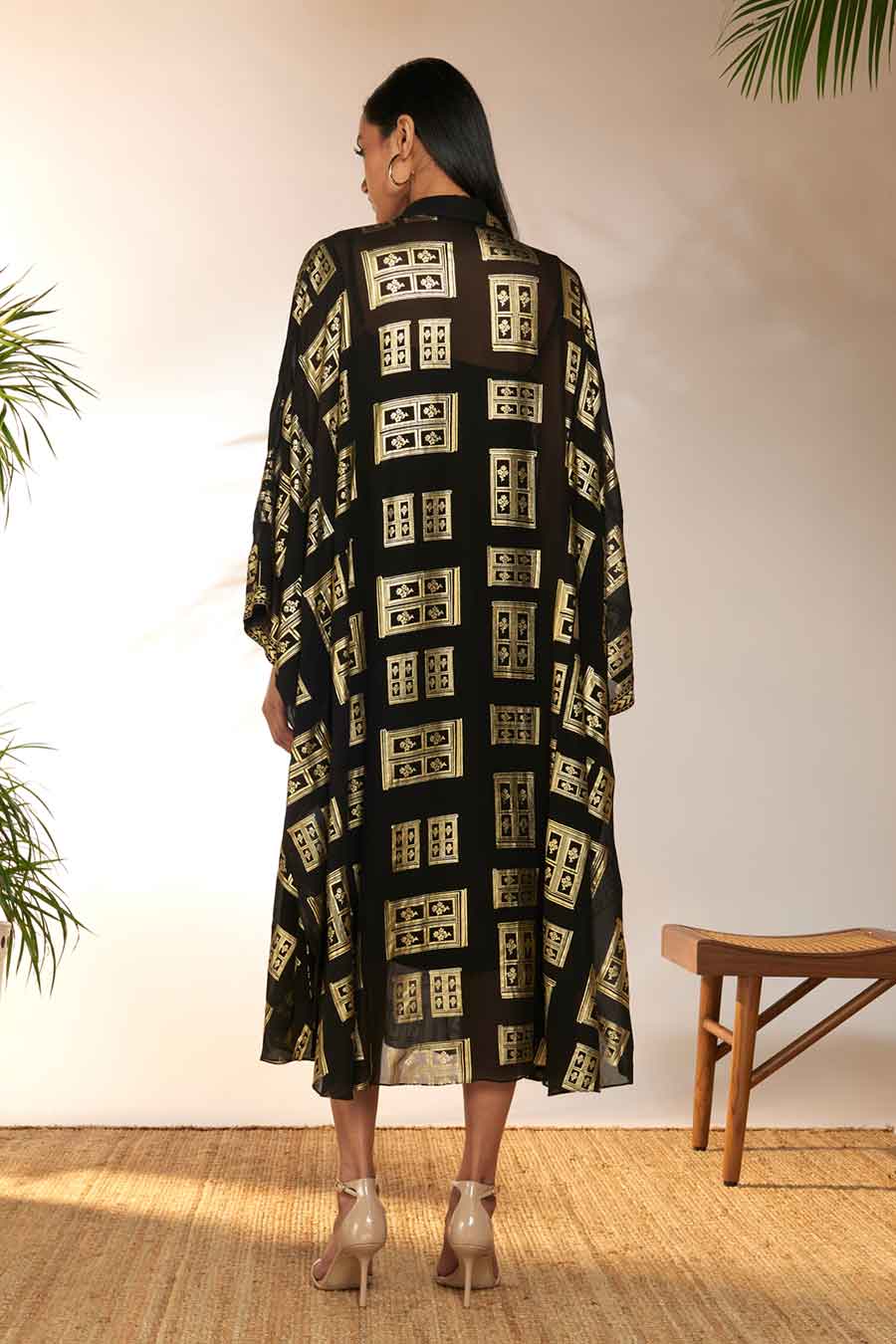 Black Open Doors Foil Print Collar Kaftan