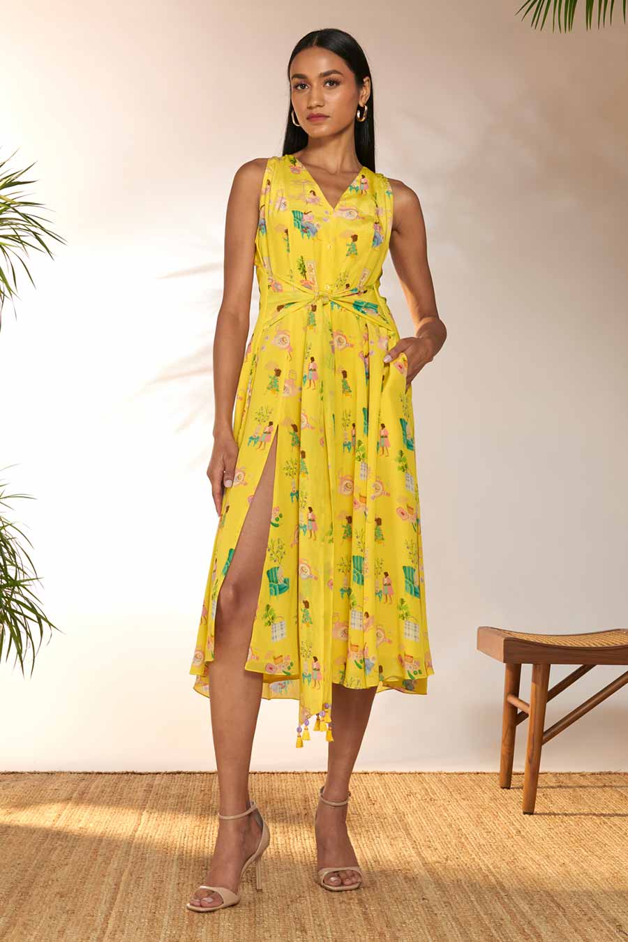 Lemon Yellow Printed Midi Dress
