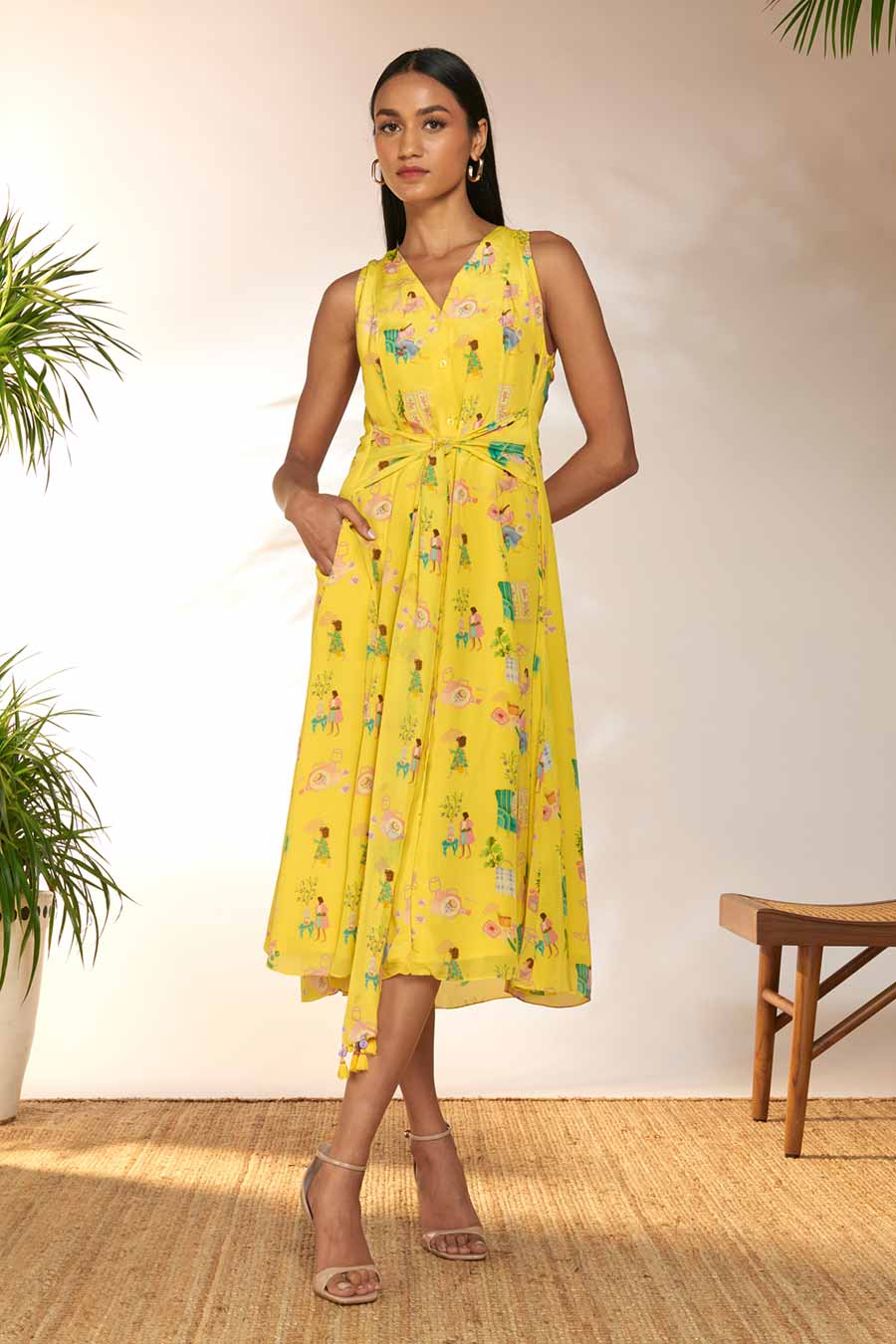 Lemon Yellow Printed Midi Dress