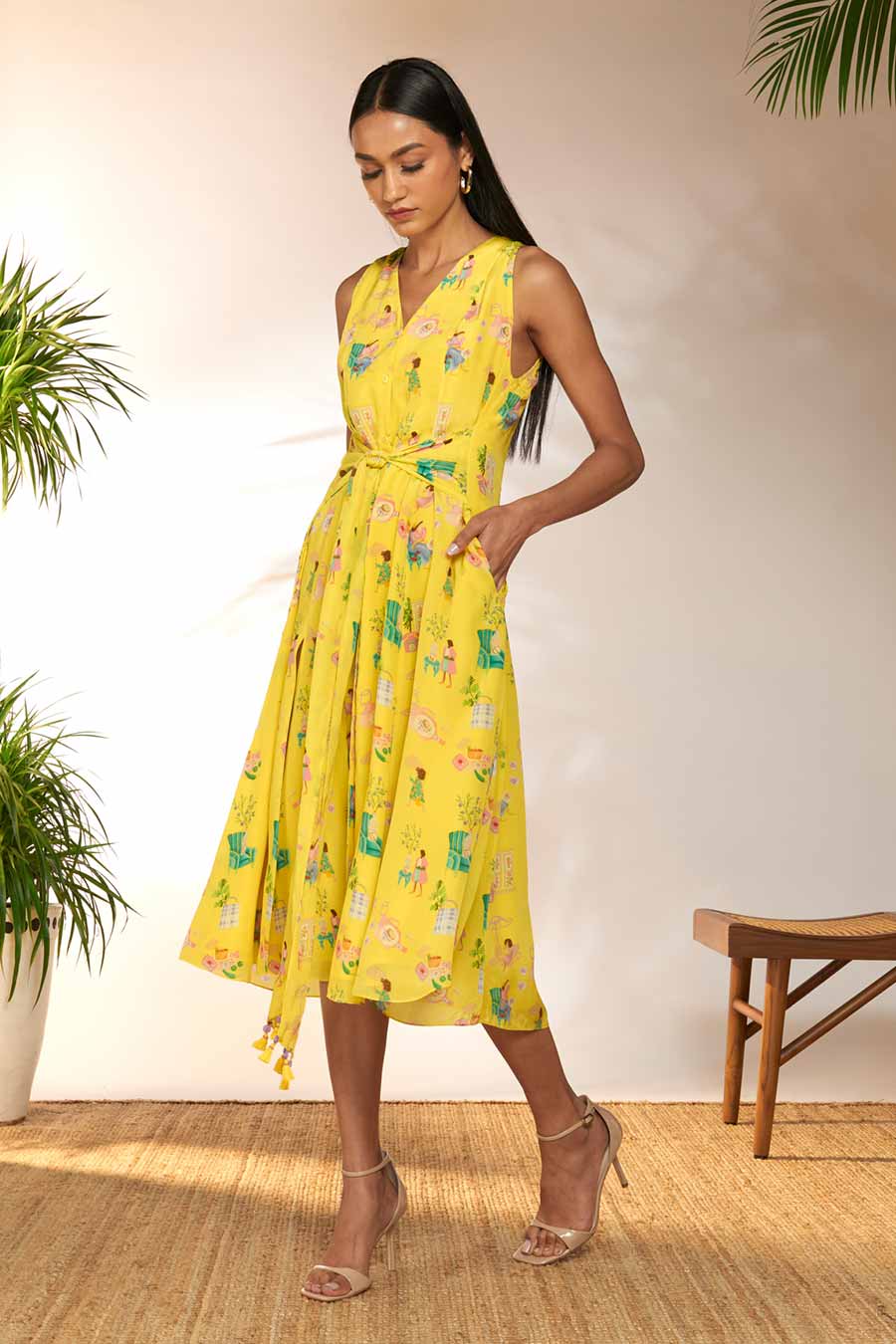 Lemon Yellow Printed Midi Dress