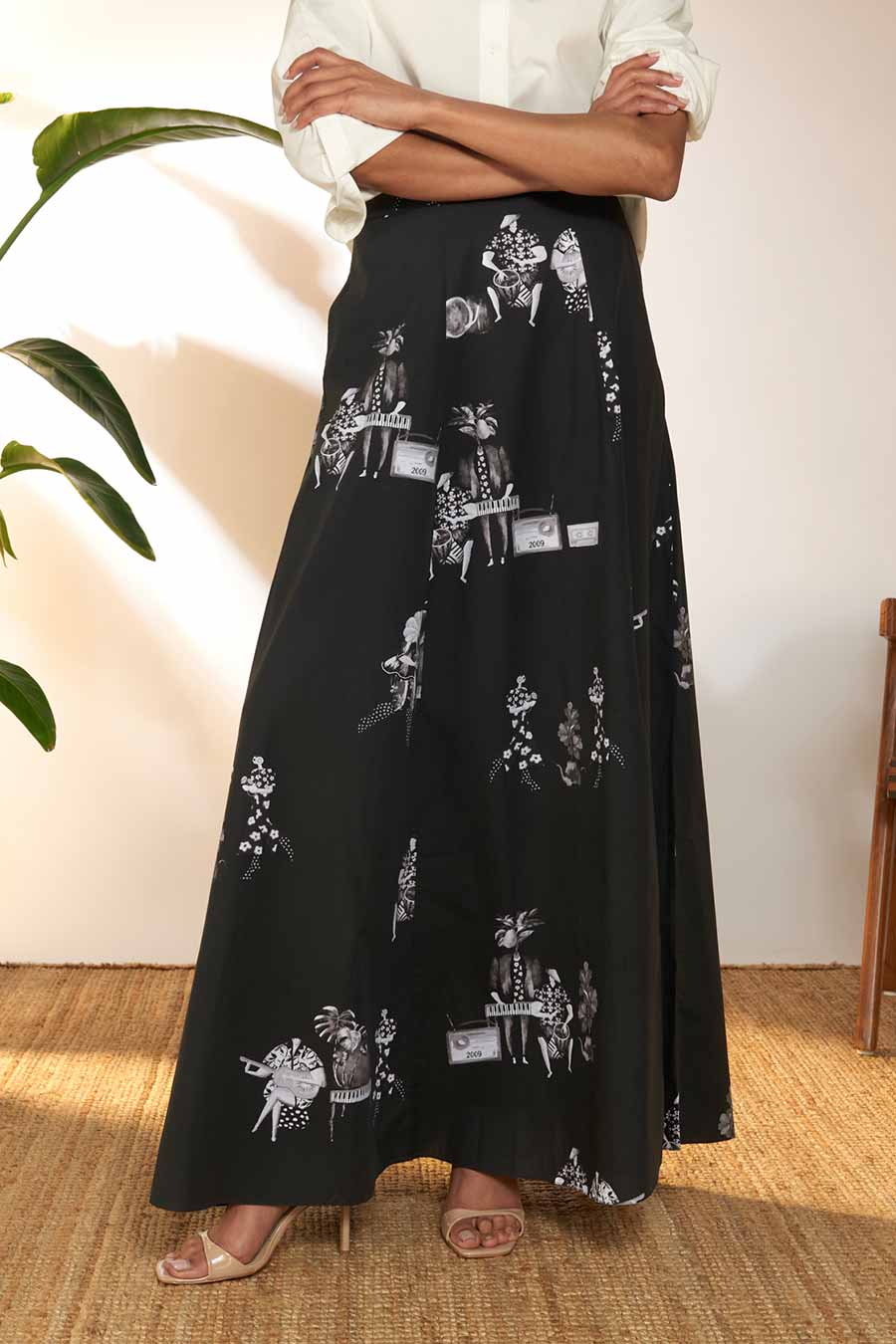 Black Tropicool Greyscale Printed Maxi Skirt