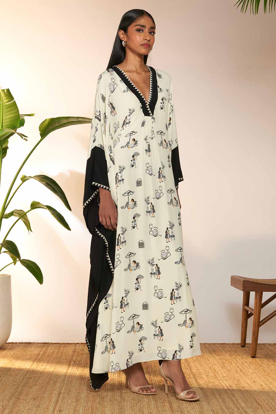 Ivory & Black Contrast Printed Kaftan