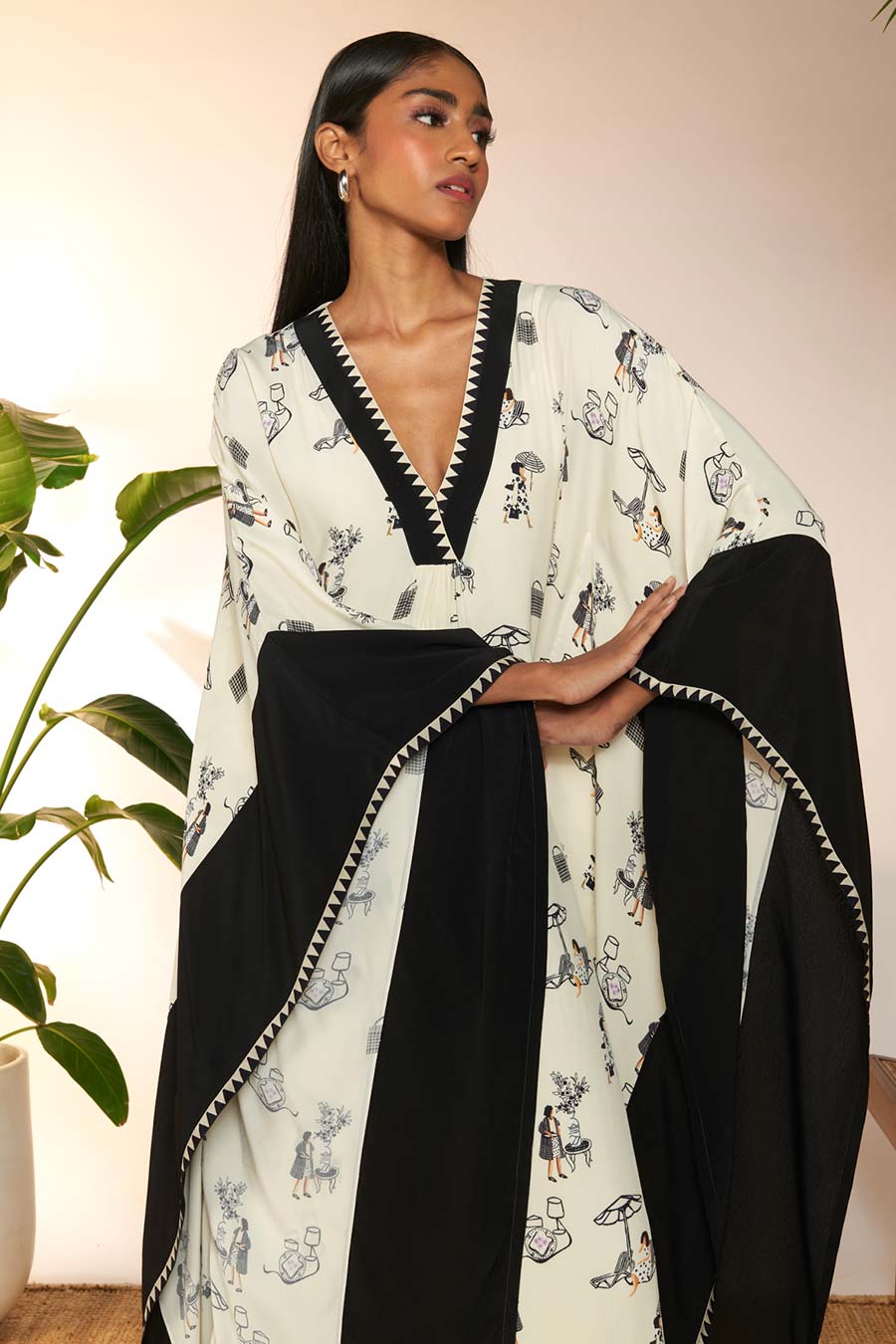 Ivory & Black Contrast Printed Kaftan