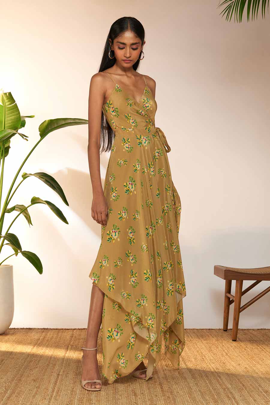 Tan Lemon Frenzy Printed Wrap Dress