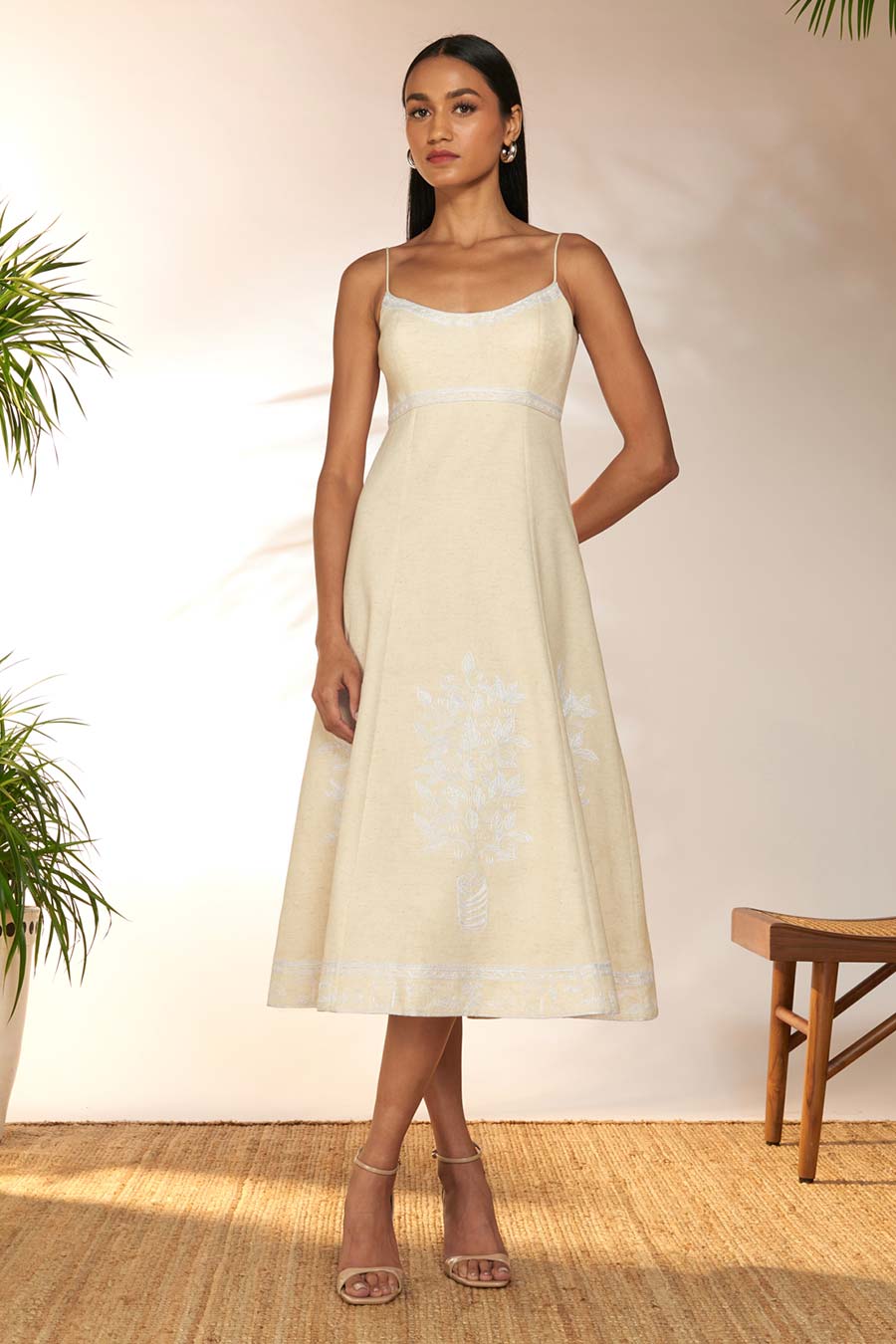 Ivory Embroidered Backless Strappy Dress