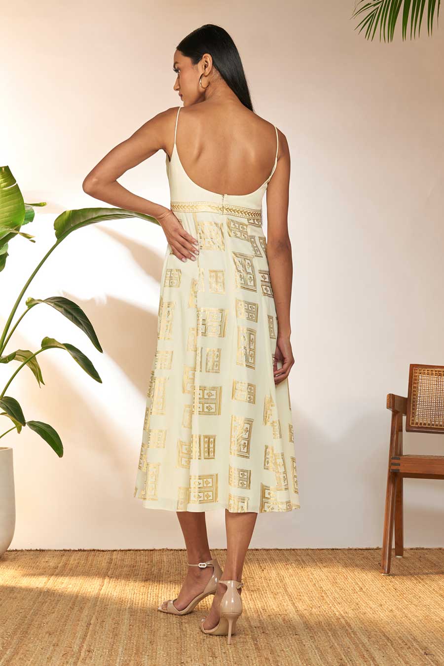 Ivory Open Doors Foil Print Strappy Dress