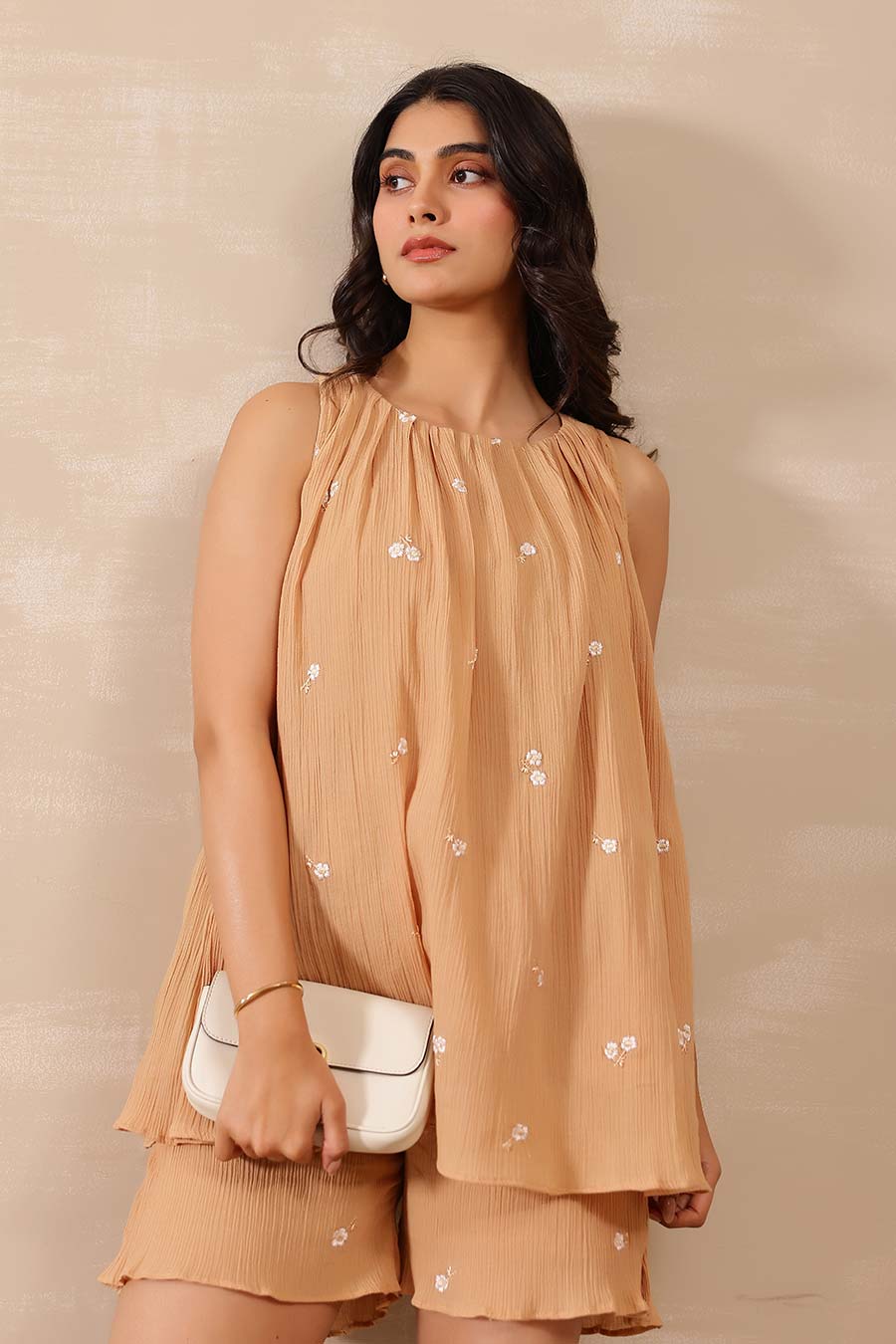 Beige Floral Embroidered Co-Ord Set