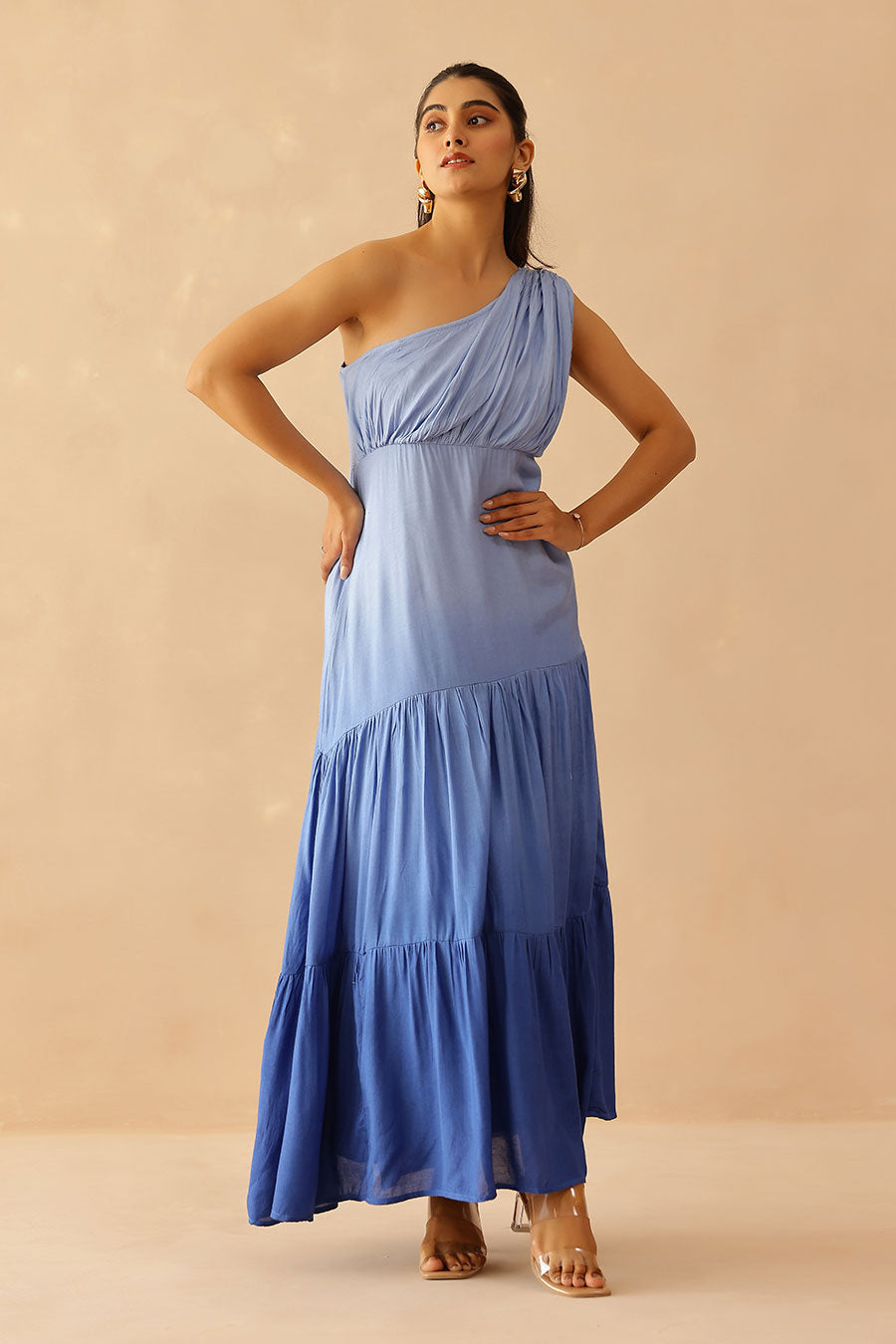 Blue Ombre One-Shoulder Cascade Dress