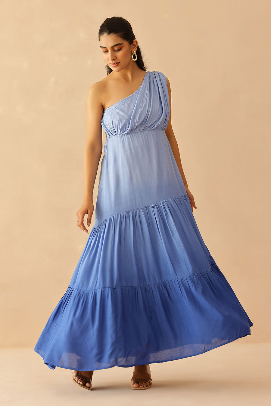 Blue Ombre One-Shoulder Cascade Dress