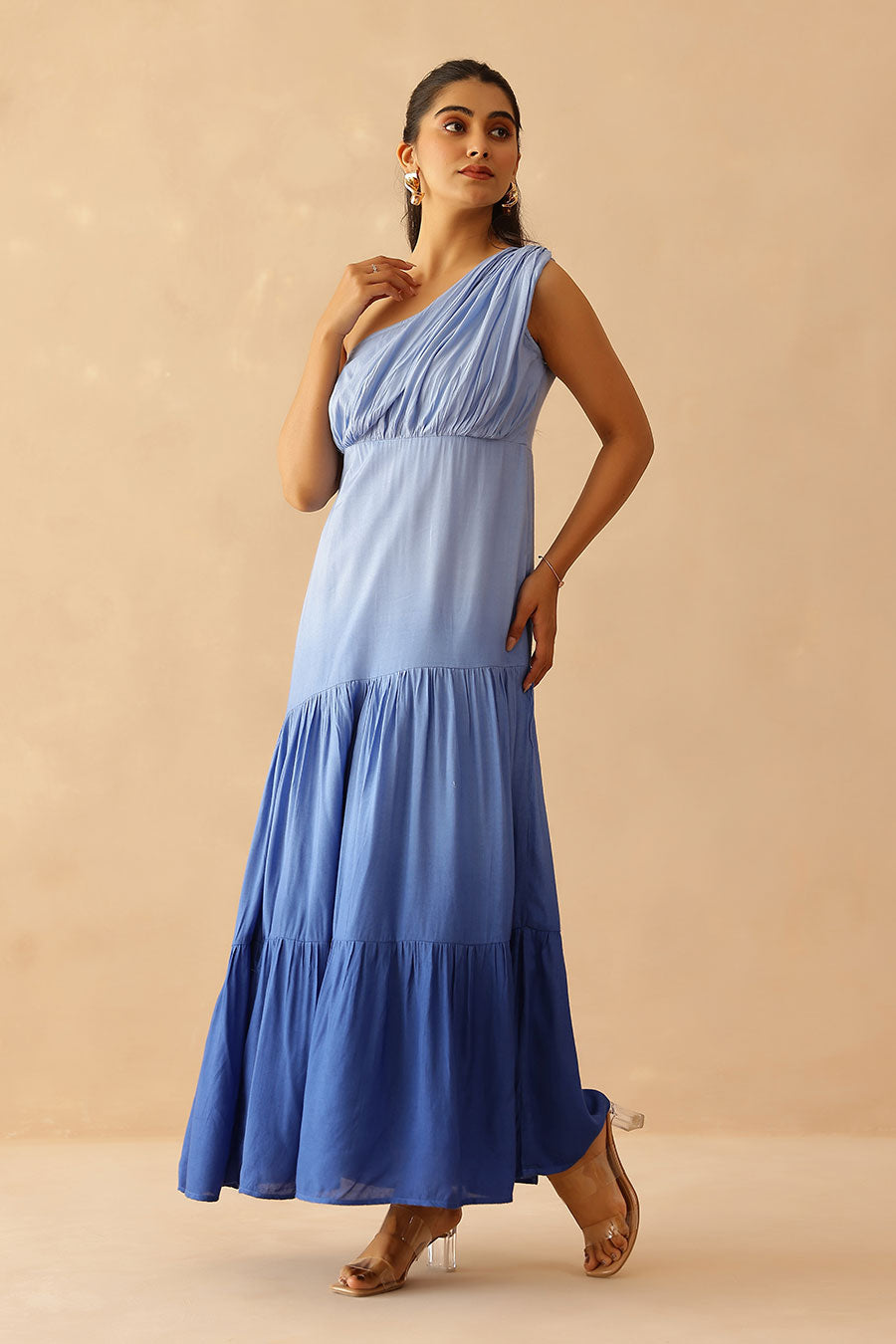 Blue Ombre One-Shoulder Cascade Dress