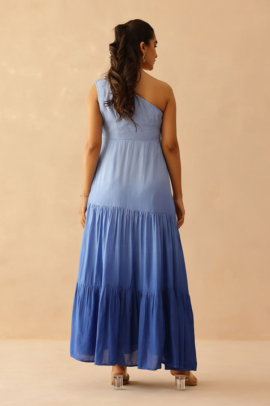 Blue Ombre One-Shoulder Cascade Dress