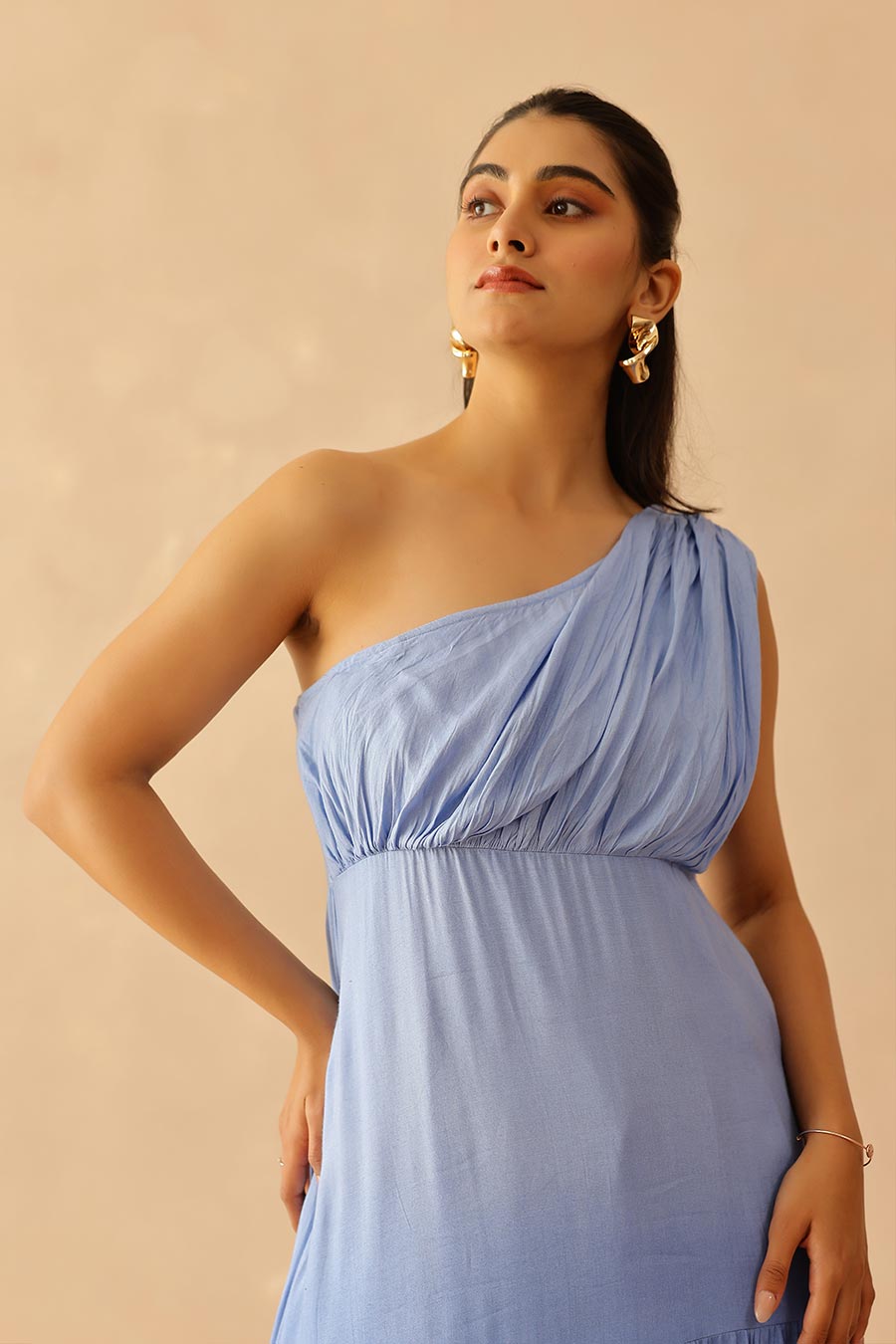 Blue Ombre One-Shoulder Cascade Dress