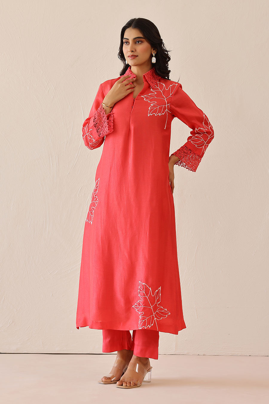Coral Pink Embroidered Tunic & Pant Set